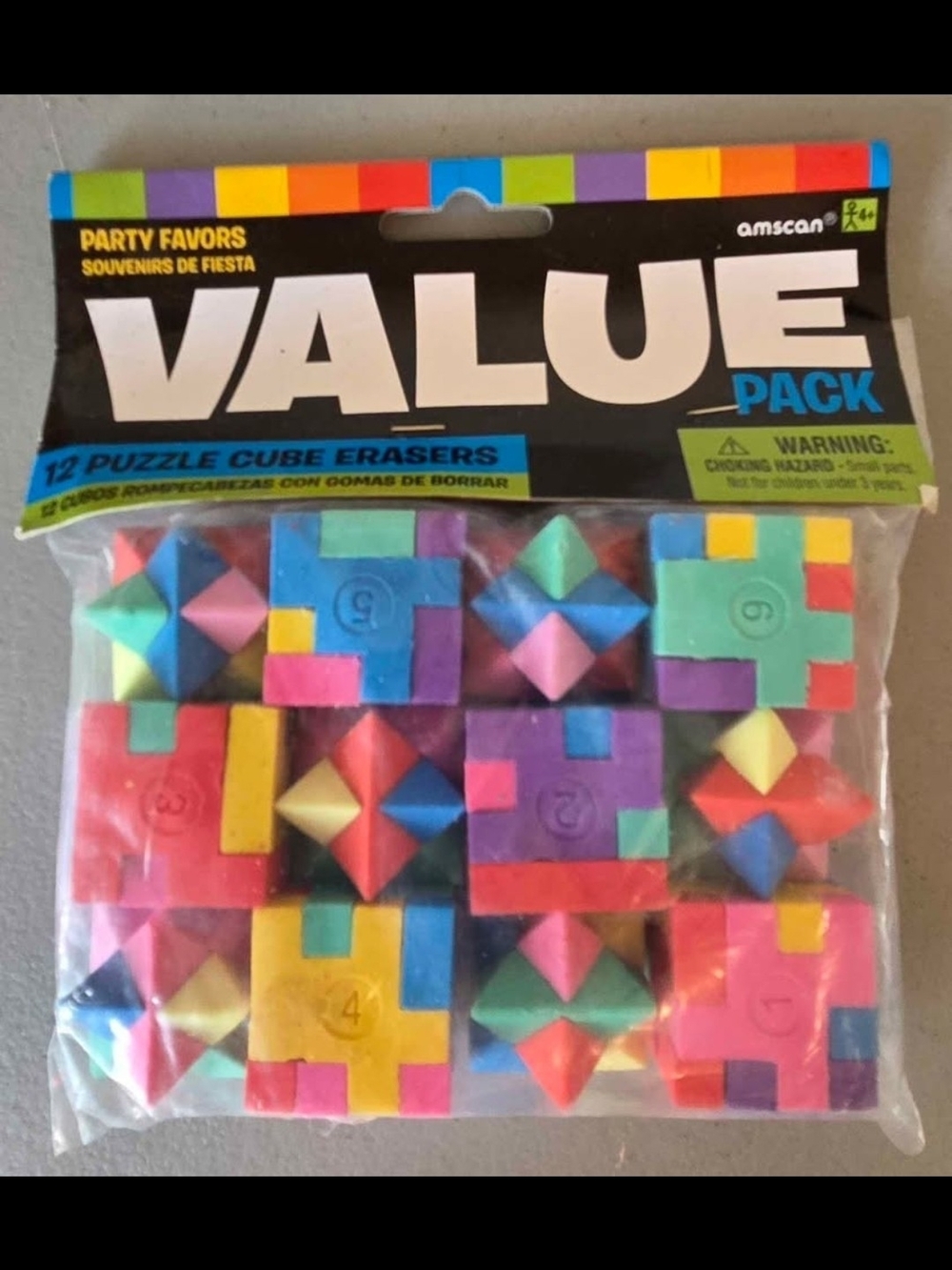 Amscan Multicolor Puzzle Cube Erasers - Bright Party Pack 12 Pcs.